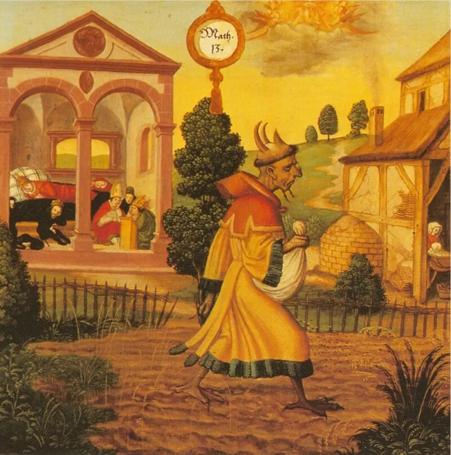 Peinture ancienne : un diable aux pieds griffus, vêtu d’une robe jaune, marche dans un champ labouré en semant des graines tirées d’un sac, sous un médaillon portant l’inscription Math. 13
